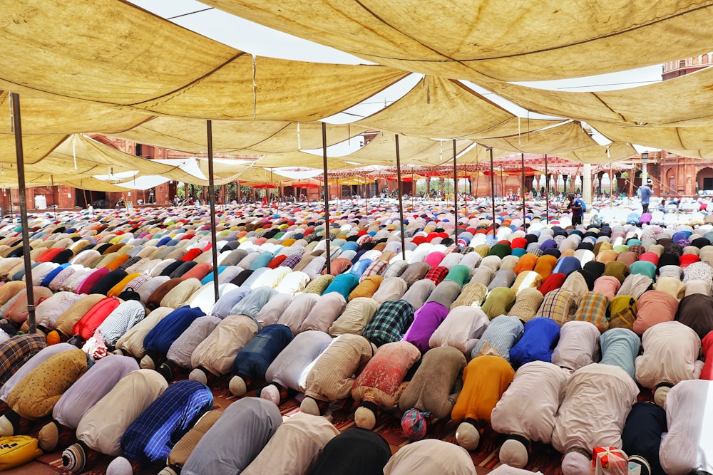 people bowing down inside canopy during day