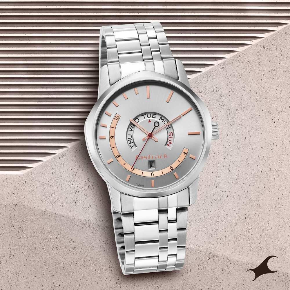 Fastrack Exuberant Quartz Analog with Day and Date Silver Dial Metal Strap Watch for Guys - image number 0
