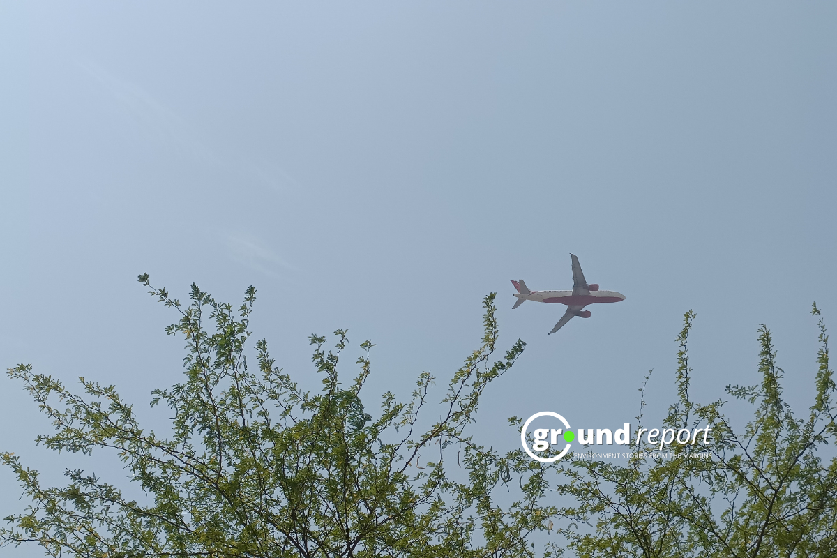 a plane flying above the dwarka forest