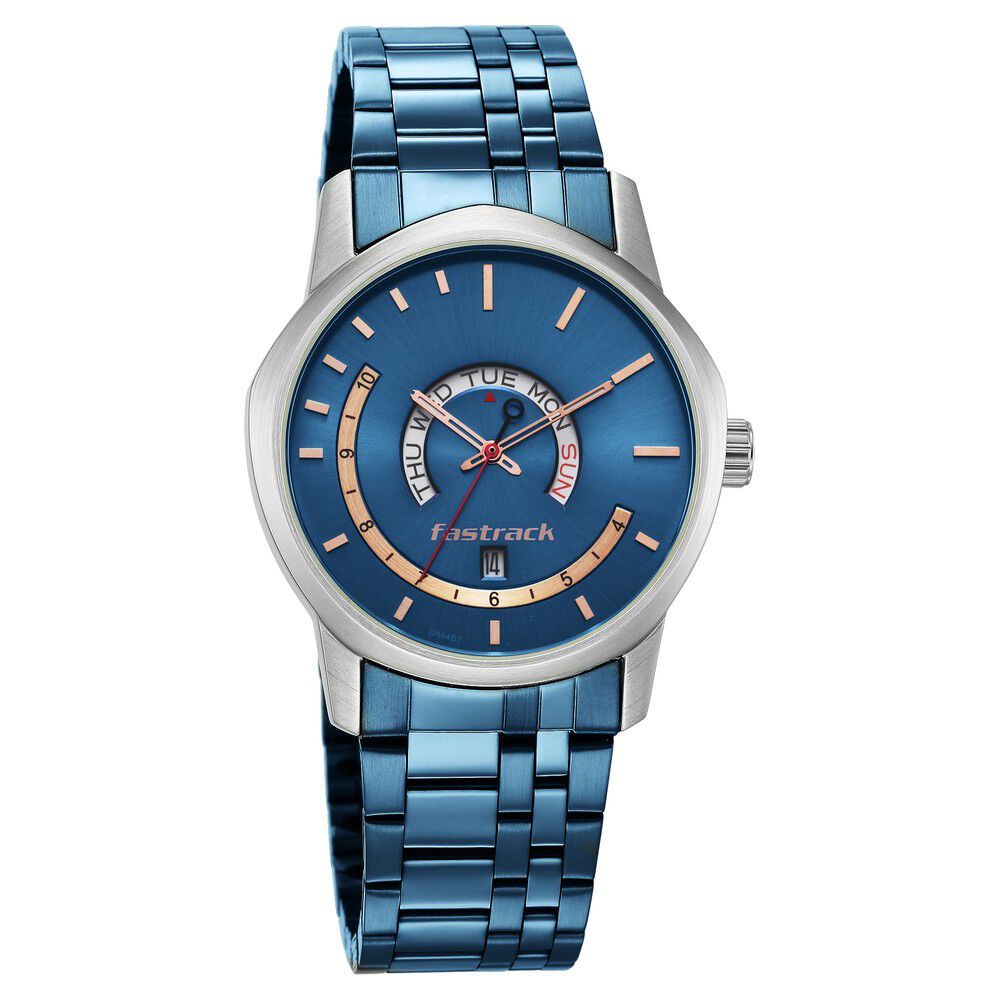 Fastrack Exuberant Quartz Analog with Day and Date Blue Dial Metal Strap Watch for Guys - image number 1