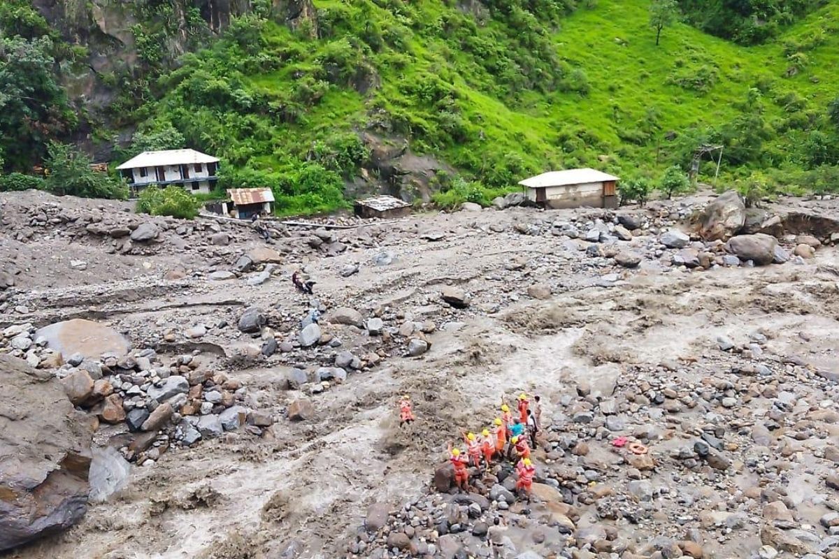 SDRF team conducting rescue operations in Shimla where 36 people are missing and 2 bodies have been recovered after a cloudburst in Samej Khad, Rampur area of Shimla district