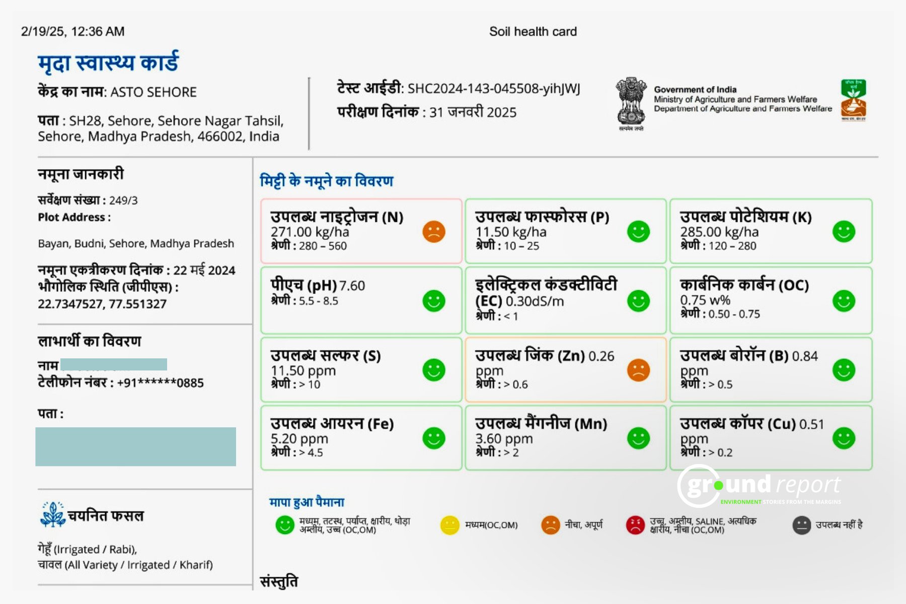 Soil Health Card of a farmer in Budhni