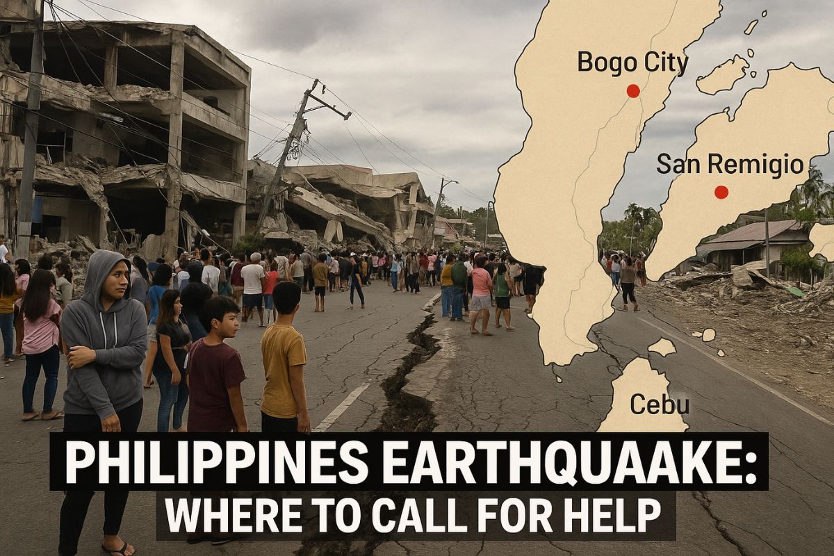 Collapsed buildings and residents gathered on a damaged street in San Remigio, Cebu, after a 6.9-magnitude earthquake struck the central Philippines.