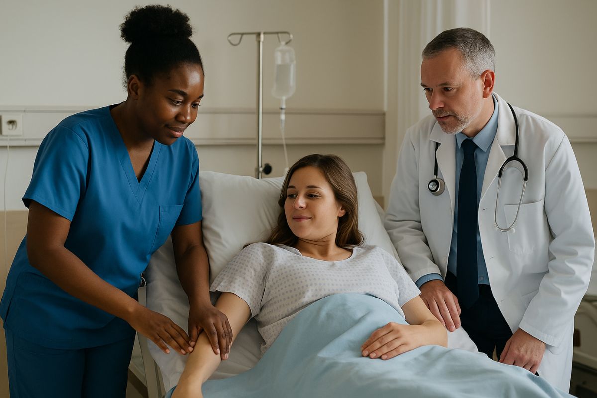 A midwife and doctor attend to a new mother in a maternity ward, providing care and support after childbirth.