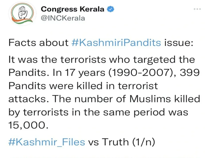 Kerala Congress tweet controversy Kashmir Files Vs Truth Tweets