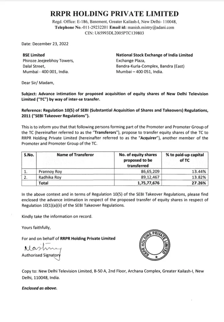 RRPR Holding transfering shares to Adani