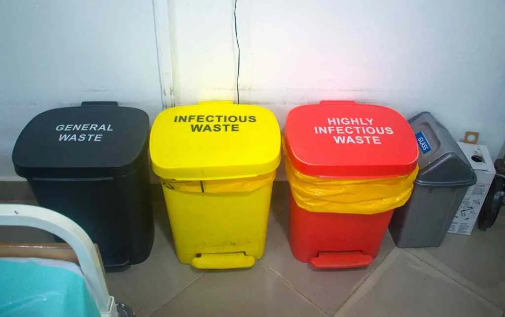 Waste bins in a hospital, with different tags for different purposes