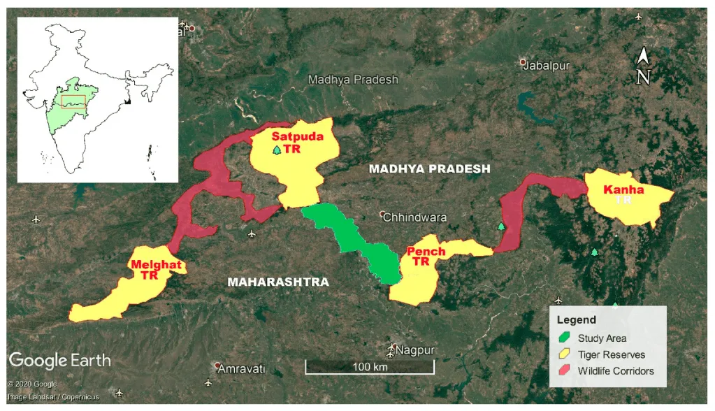 kanha pench wildlife corridor map